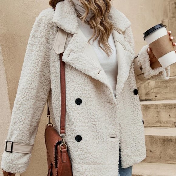 Beige  faux fur button front Teddy Coat - Picture 2 of 4